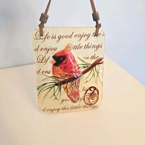 "Life Is Good" Fused Glass Red Cardinal Suncatcher Handpainted Leather Hanger